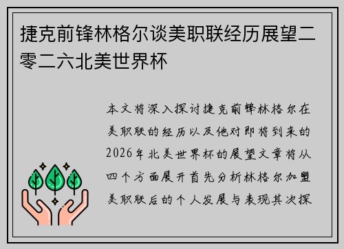 捷克前锋林格尔谈美职联经历展望二零二六北美世界杯