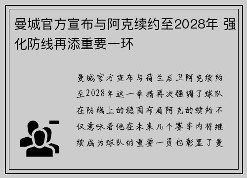 曼城官方宣布与阿克续约至2028年 强化防线再添重要一环 曼城官方宣布与阿克续约至2028年 强化防线再添重要一环